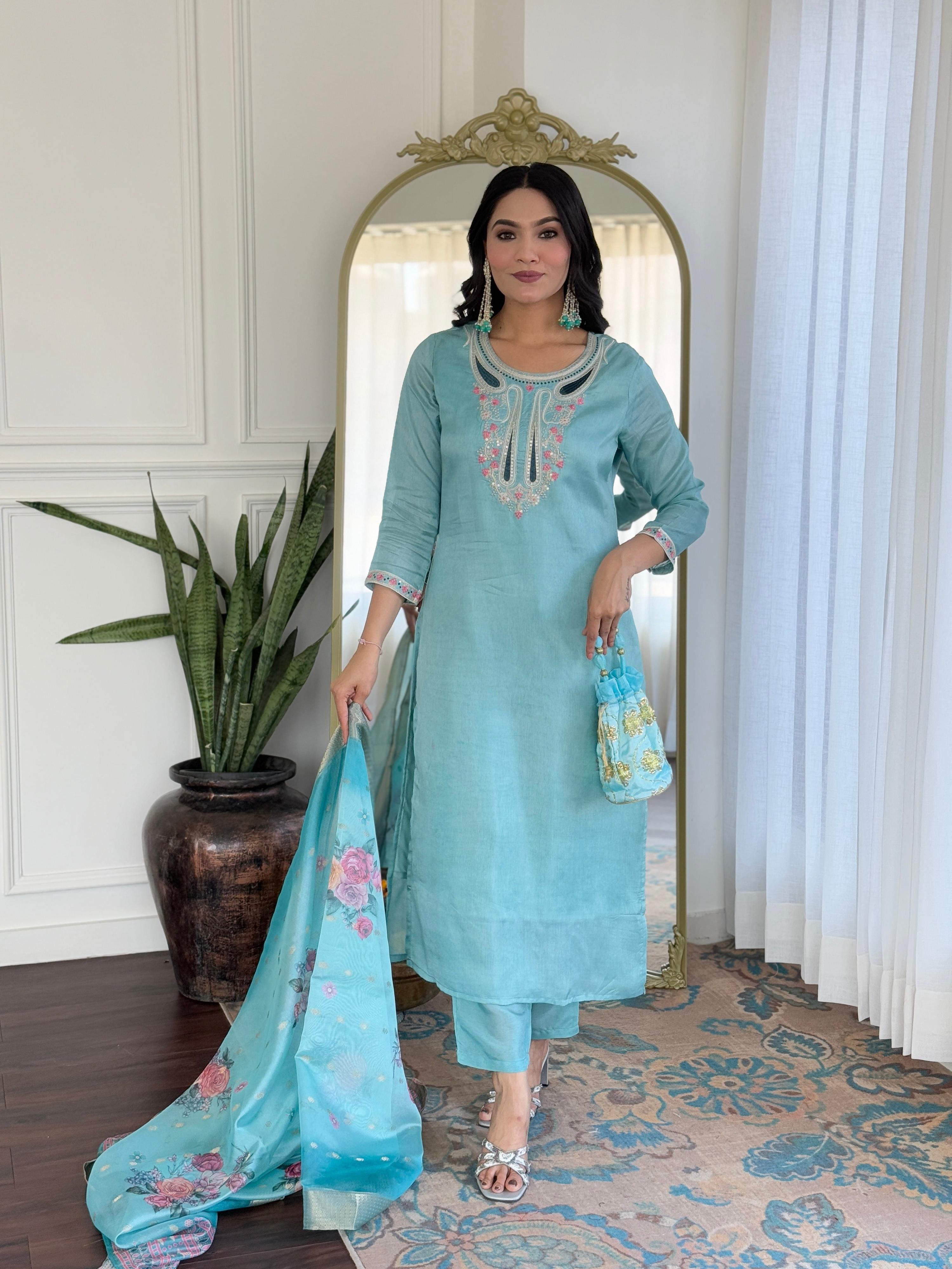 The52 Women's Viscose Embroidery work Straight Kurta with Pant and Dupatta Set | Grocsy