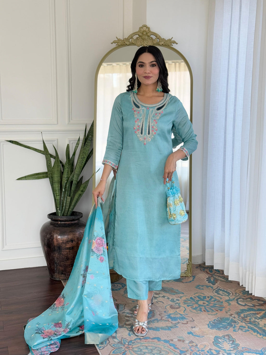 The52 Women's Viscose Embroidery work Straight Kurta with Pant and Dupatta Set | Grocsy