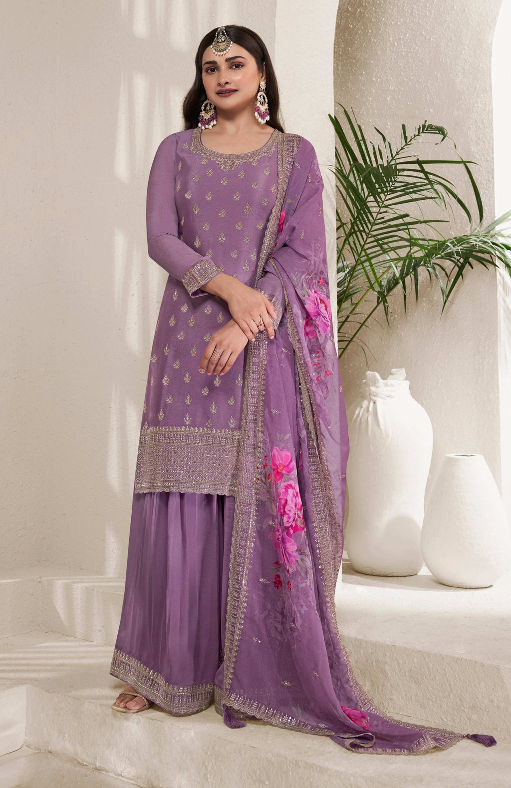 Anaita Purple Embroidered Viscose Chinon Salwar Suit | Grocsy