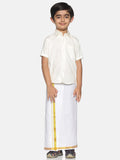Sethukrishna Boys Cream-Coloured & White Solid Shirt and Veshti Set | Grocsy