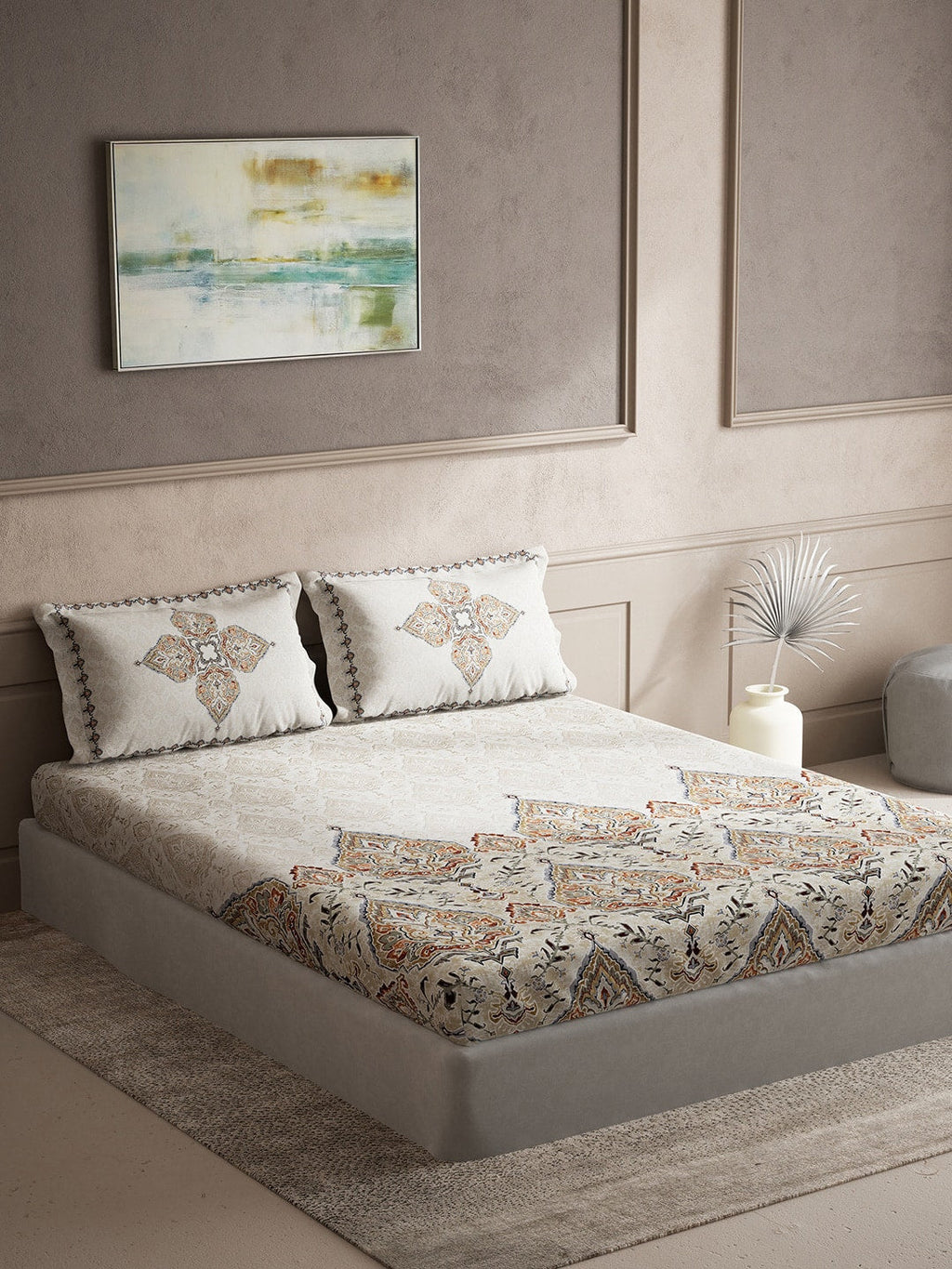DDecor Orange & Red Ethnic Motifs Cotton 140 TC King Bedsheet With 2 Pillow Covers | Grocsy