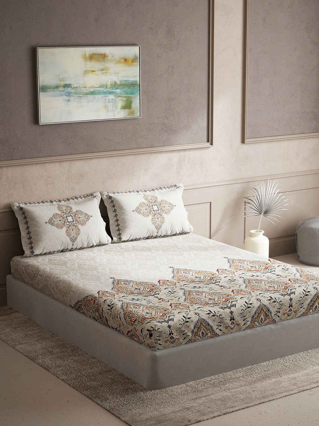 DDecor Orange & Red Ethnic Motifs Cotton 140 TC King Bedsheet With 2 Pillow Covers | Grocsy