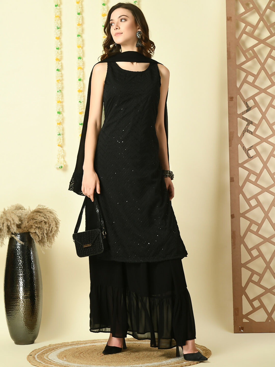 Myshka Women's Black Georgette Kurta & Skirt With Dupatta Party Sets | Grocsy