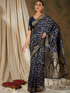 Sangria Navy Blue & Gold-Toned Floral Woven Design Zari Silk Blend Banarasi Saree | Grocsy