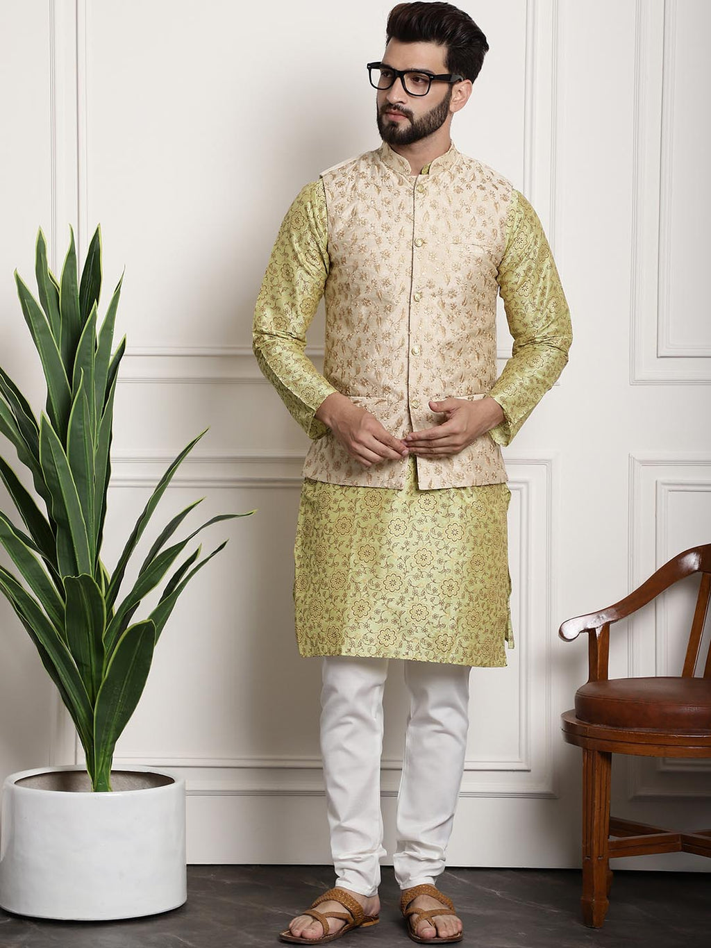 Sojanya Men Lime Green Ethnic Motifs Printed Kurta with Pyjamas & Nehru Jacket | Grocsy