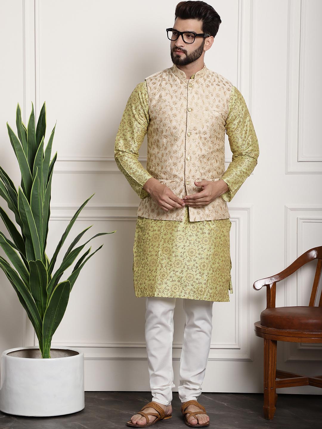 Sojanya Men Lime Green Ethnic Motifs Printed Kurta with Pyjamas & Nehru Jacket | Grocsy