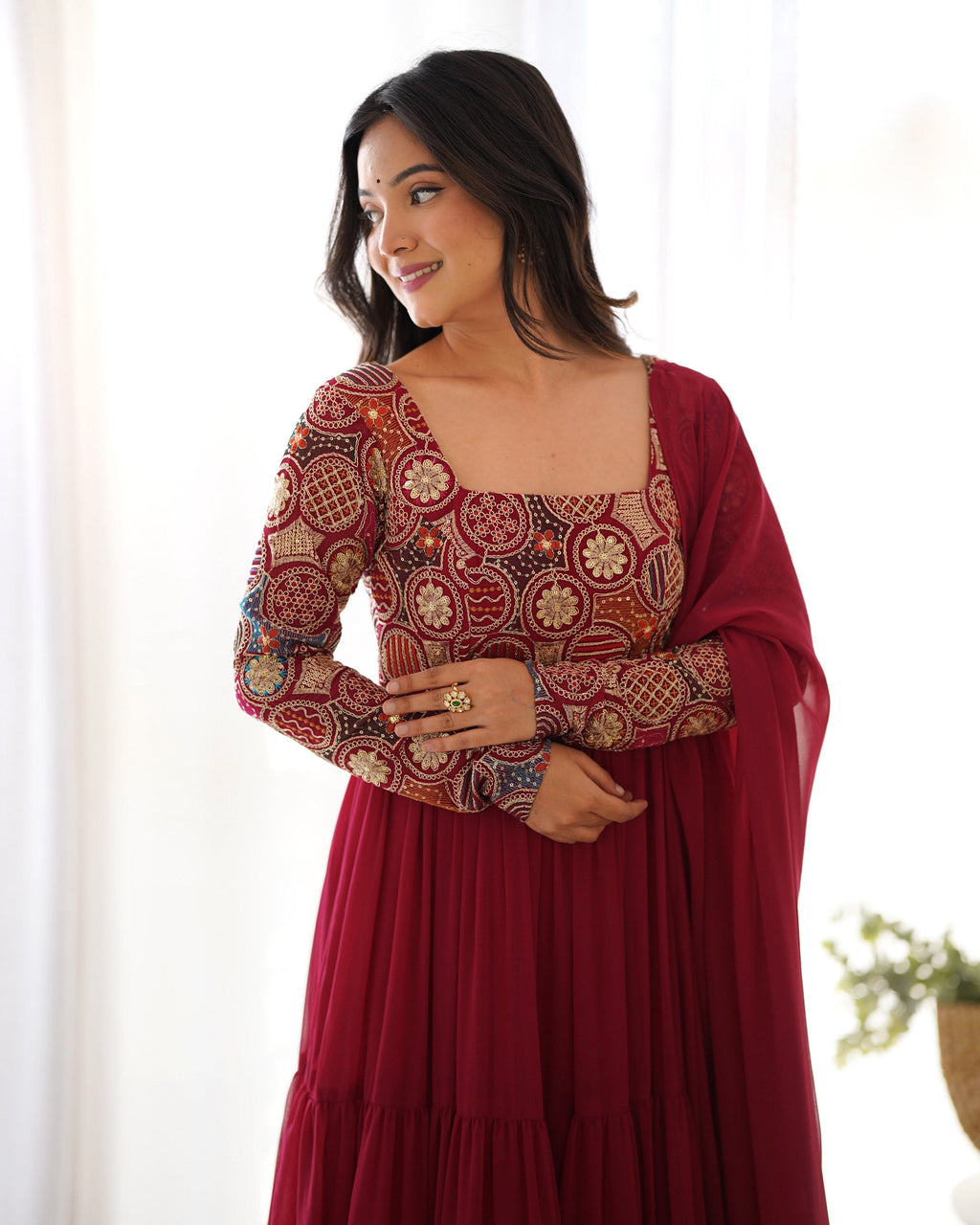 Evanik Women Maroon Festive Wear Embroidered Anarkali Kurta with Dupatta | Grocsy