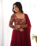 Evanik Women Maroon Festive Wear Embroidered Anarkali Kurta with Dupatta | Grocsy