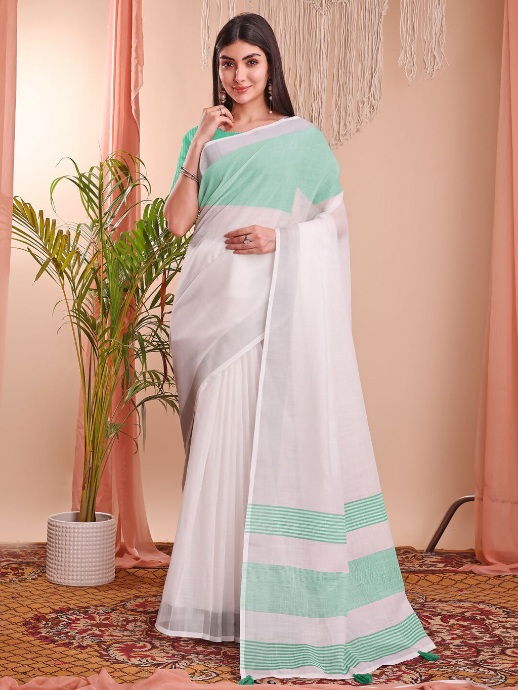 Shree Shyam Fashion The White Loom White Linen Cotton Saree | Grocsy