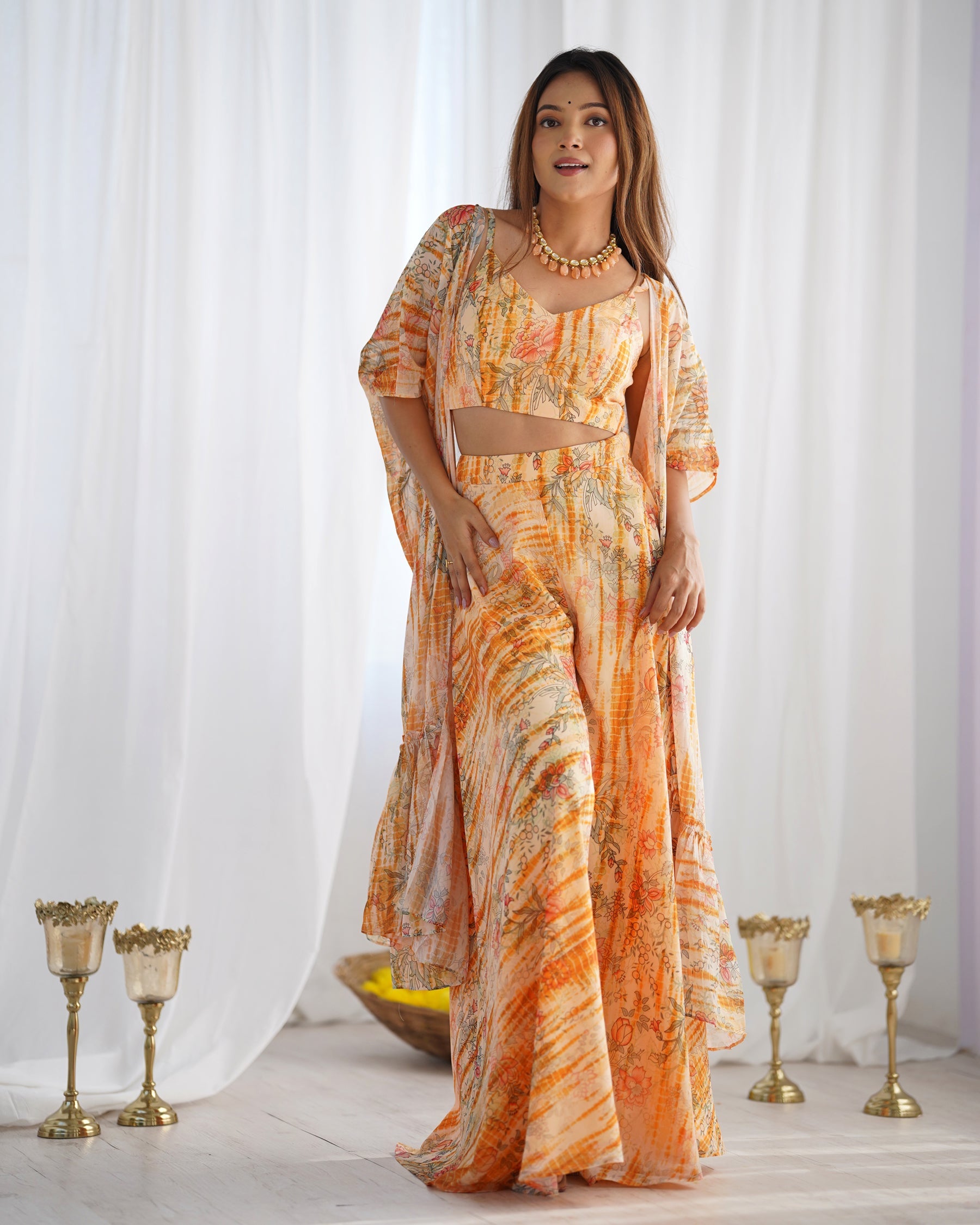 Lorenvalley Fashion Faux Georgette Floral Printed Shrug Blouse With Palazzo Set | Grocsy
