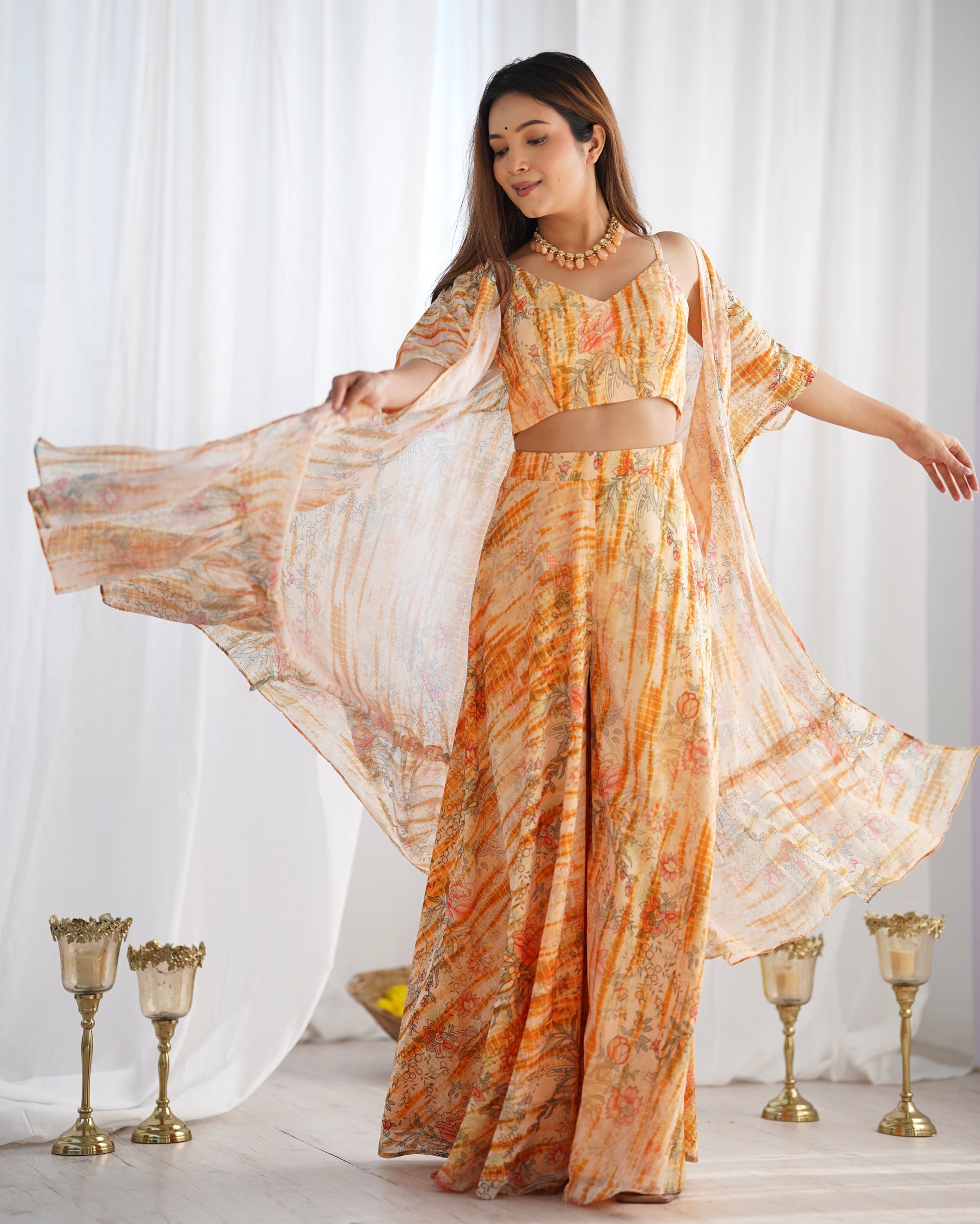 Lorenvalley Fashion Faux Georgette Floral Printed Shrug Blouse With Palazzo Set | Grocsy
