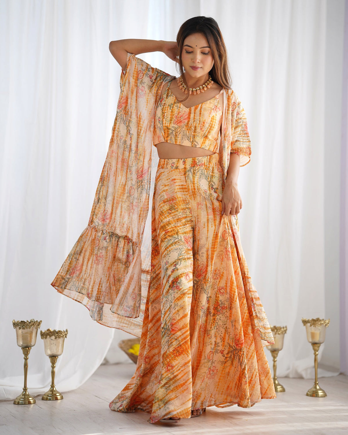 Lorenvalley Fashion Faux Georgette Floral Printed Shrug Blouse With Palazzo Set | Grocsy