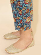 Janasya Women's Blue Cotton Floral Printed Casual Flared Kurta Set | Grocsy