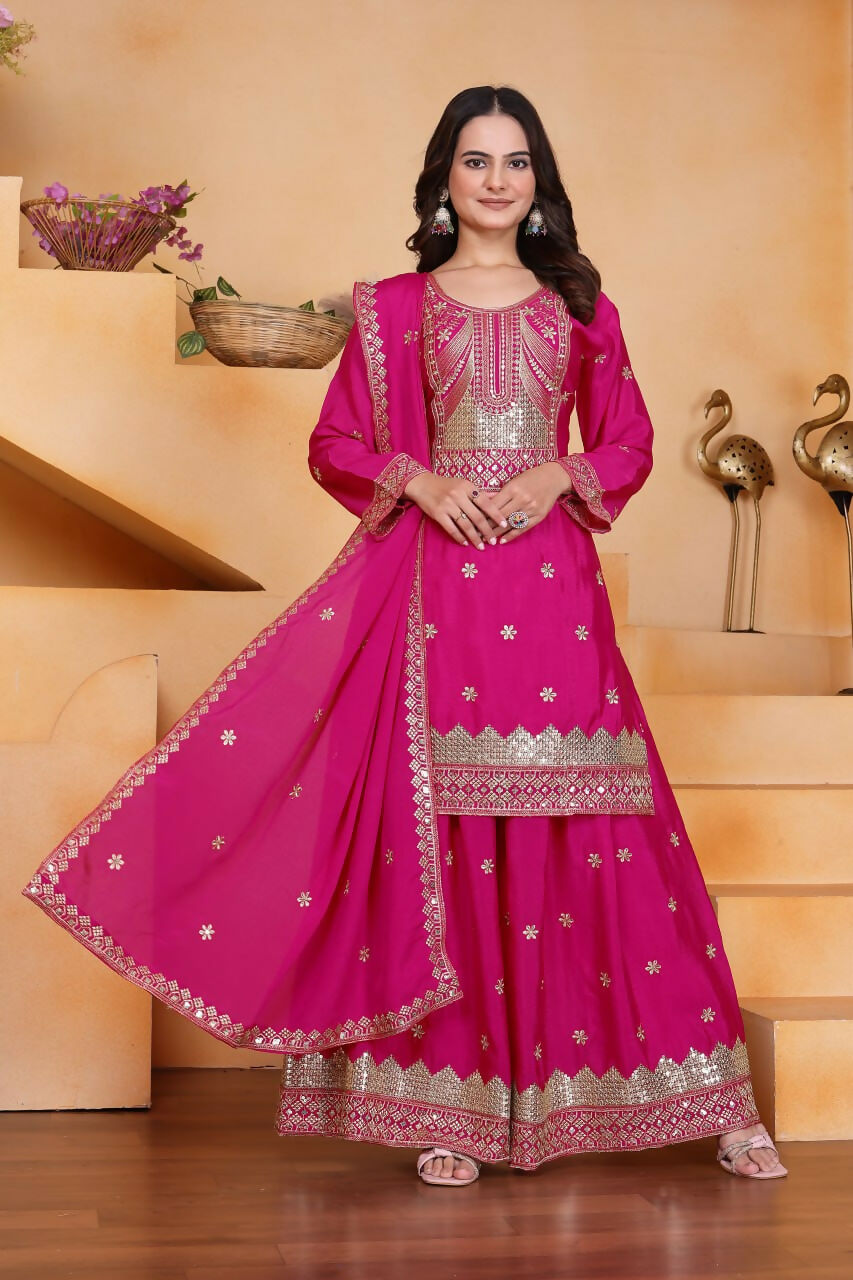 Teeya Creation Pink Color Chinon Silk Wedding Wear Trending Palazzo Set | Grocsy