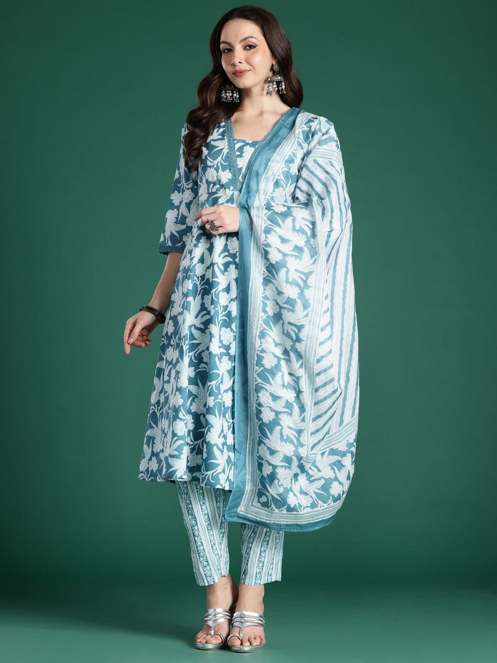 Indo Era Floral Printed Pure Cotton Kurta with Trousers & With Dupatta | Grocsy