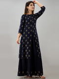 HERE&NOW Navy Blue & Gold-Toned Ethnic Motifs Printed Kurta with Skirt | Grocsy