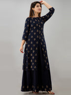 HERE&NOW Navy Blue & Gold-Toned Ethnic Motifs Printed Kurta with Skirt | Grocsy