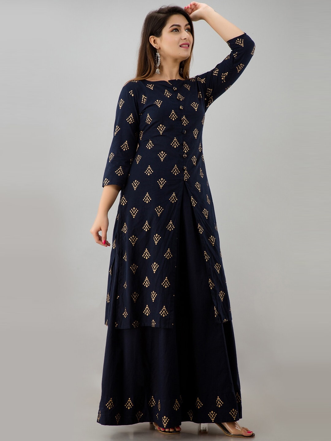 HERE&NOW Navy Blue & Gold-Toned Ethnic Motifs Printed Kurta with Skirt | Grocsy