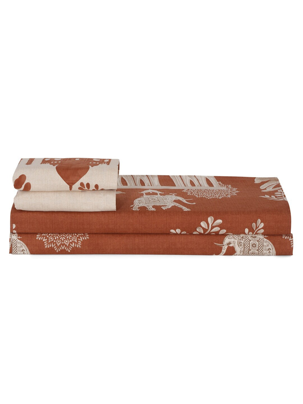 Rajasthan Decor Rust & Cream Printed Cotton 160 TC King Bedsheet with 2 Pillow Covers | Grocsy