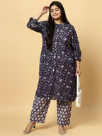 Sztori Plus Size Floral Printed Pure Cotton Straight Kurta with Trousers | Grocsy