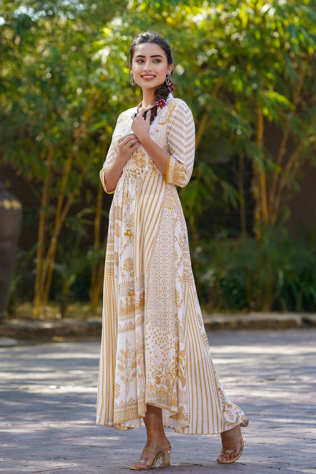Juniper Women Mustard Rayon Printed Flared Dress | Grocsy