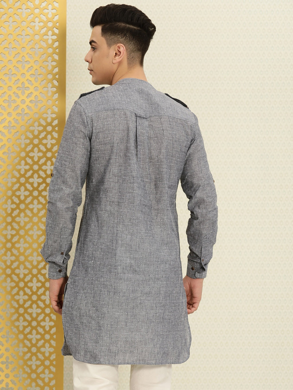 House of Pataudi Men Grey Solid Roll Up Sleeved Pathani Kurta | Grocsy
