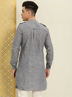 House of Pataudi Men Grey Solid Roll Up Sleeved Pathani Kurta | Grocsy