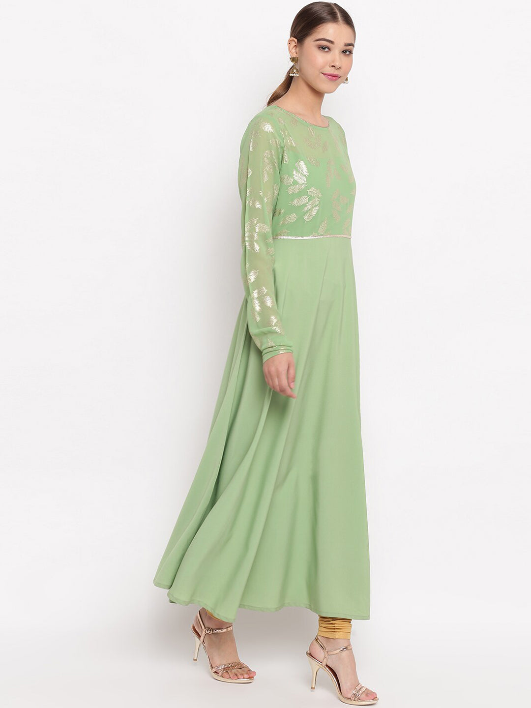 Janasya Women Green Printed Anarkali Kurta | Grocsy