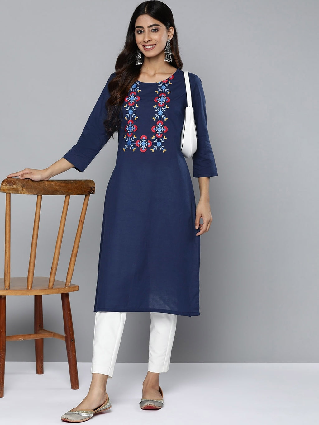 HERE&NOW Yoke Design Thread Work Cotton Kurta | Grocsy