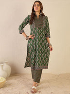 Indo Era Women Floral Printed Regular Sequinned Detail Pure Cotton Kurta with Trousers | Grocsy