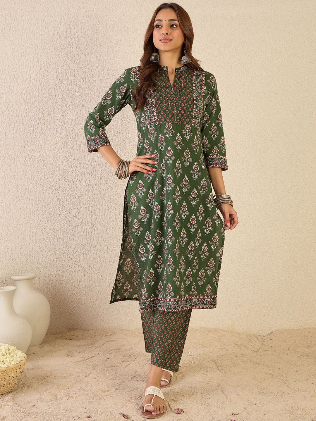 Indo Era Women Floral Printed Regular Sequinned Detail Pure Cotton Kurta with Trousers | Grocsy