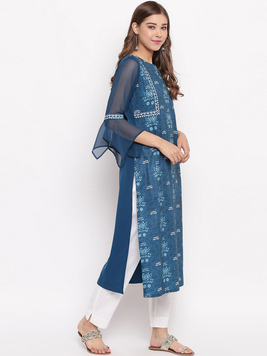 Janasya Women Blue Floral Printed Straight Kurta | Grocsy