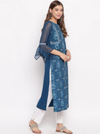 Janasya Women Blue Floral Printed Straight Kurta | Grocsy