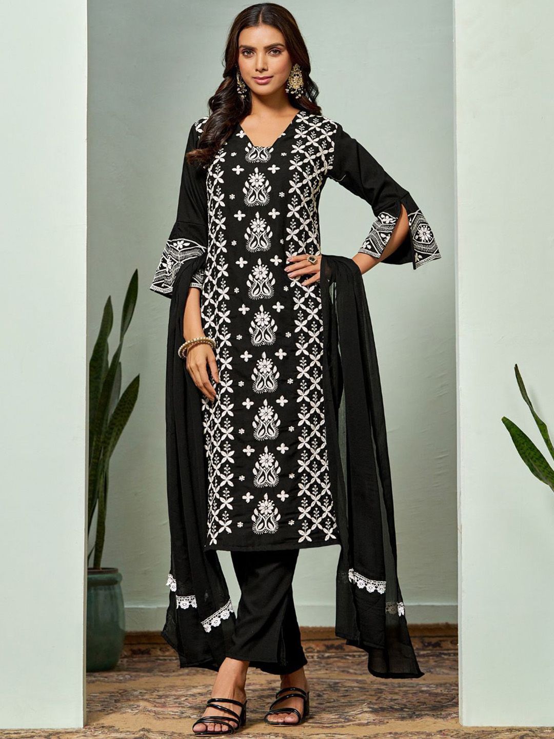 Sangria Chikankari Embroidered Straight Kurta & Trouser With Dupatta | Grocsy
