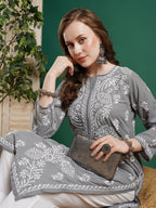 ADA Women Grey & White Chikankari Embroidered Straight Kurta | Grocsy