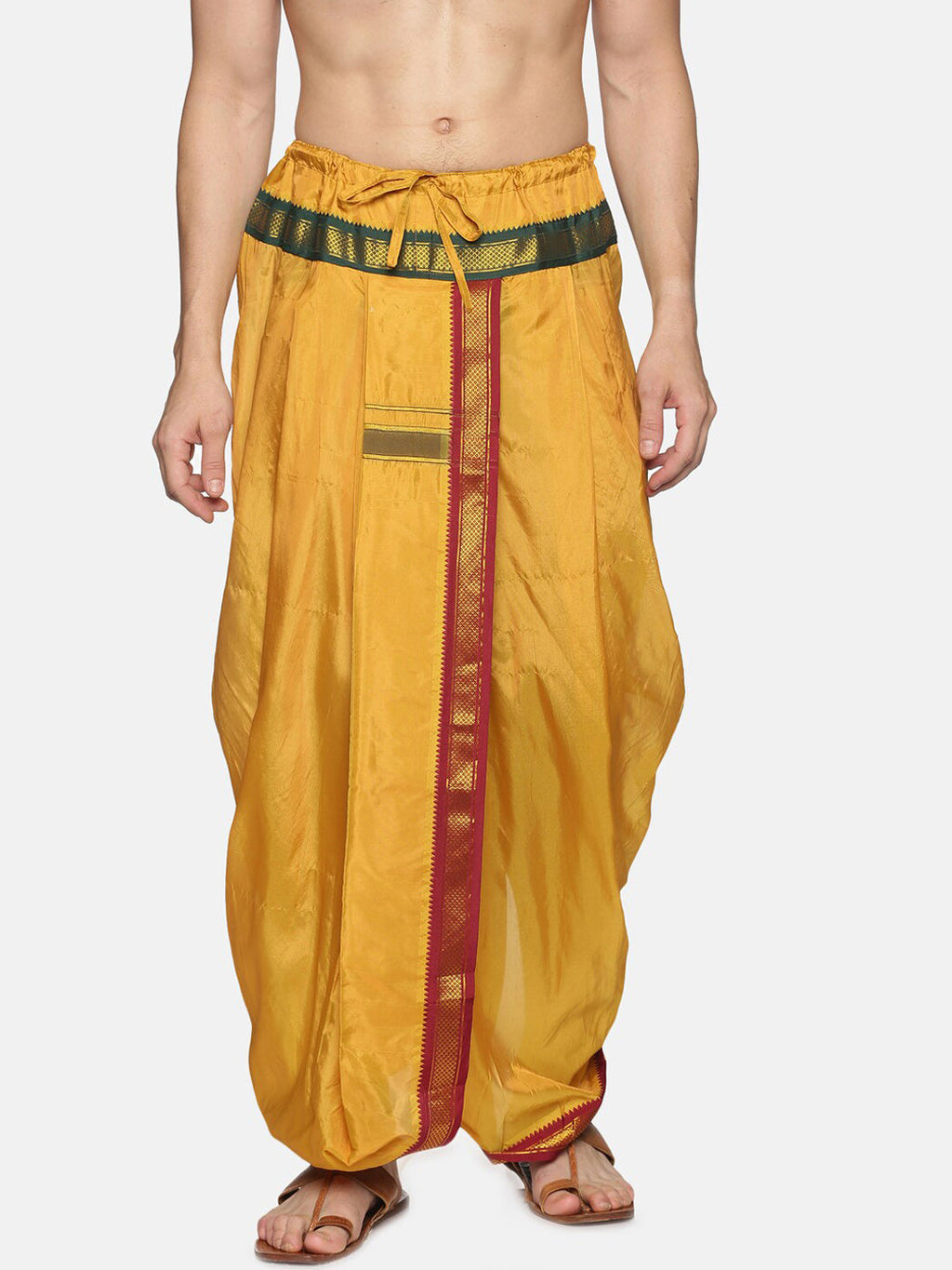 Sethukrishna Men Mustard-Yellow & Red Solid Readymade Dhoti | Grocsy