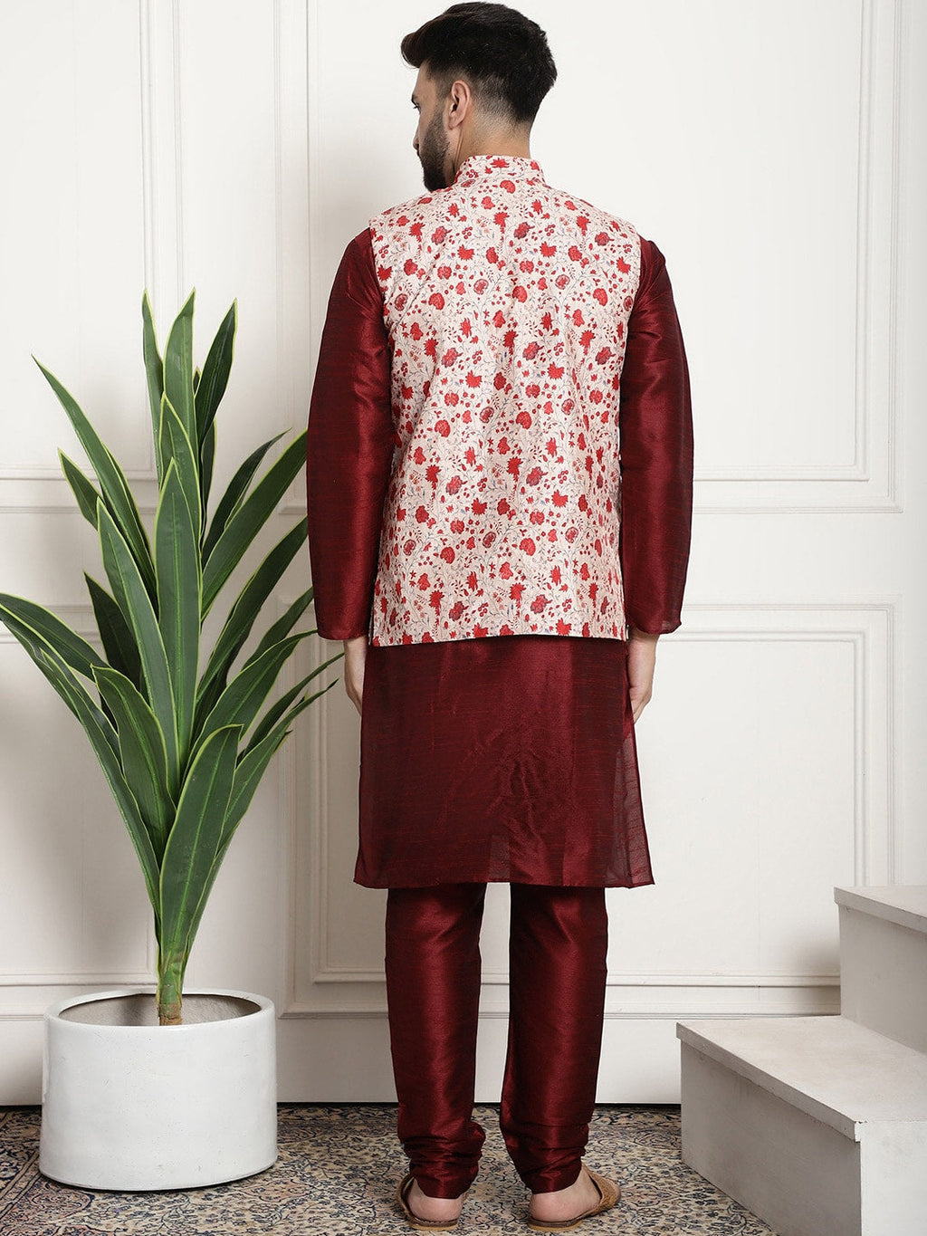 Sojanya Men Maroon & Beige Solid Kurta with Churidar & Printed Nehru Jacket | Grocsy