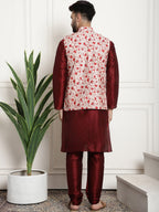 Sojanya Men Maroon & Beige Solid Kurta with Churidar & Printed Nehru Jacket | Grocsy