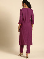 All About You Women Purple Ethnic Motifs Yoke Design Regular Thread Work Kurta with Trousers | Grocsy