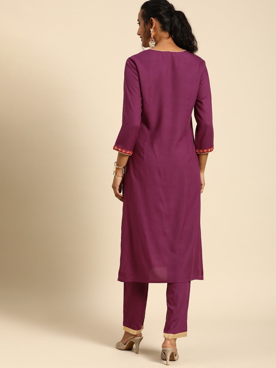 All About You Women Purple Ethnic Motifs Yoke Design Regular Thread Work Kurta with Trousers | Grocsy