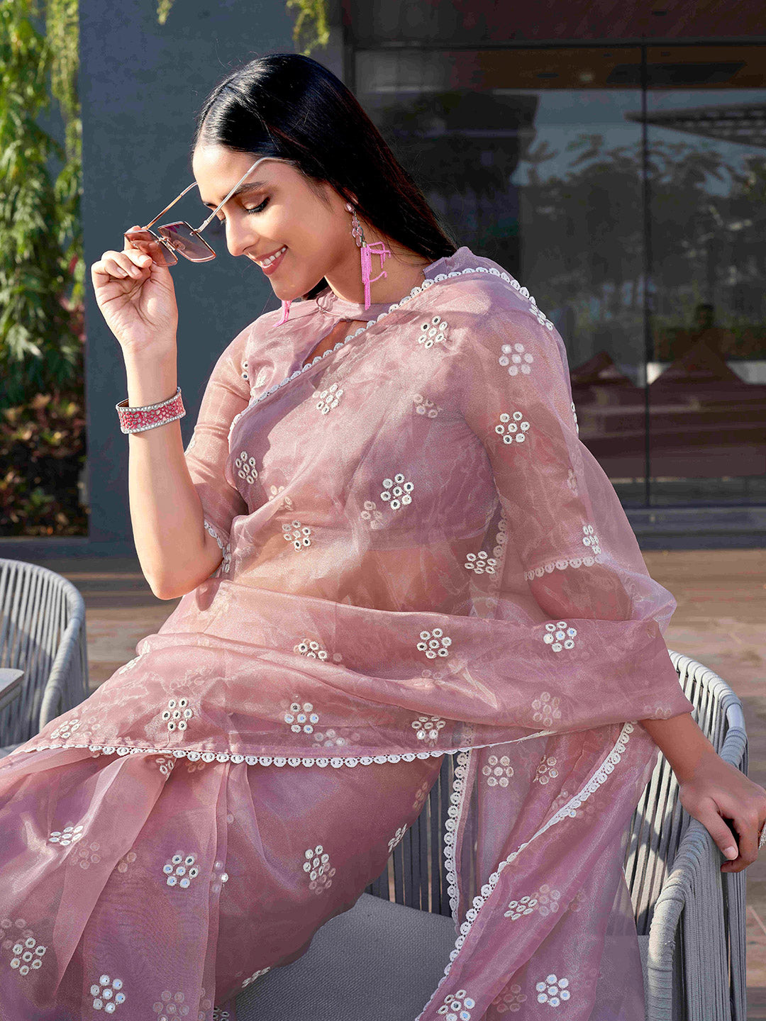 Tikhi Imli Pink Floral Embroidered Mirror Work Organza Saree | Grocsy