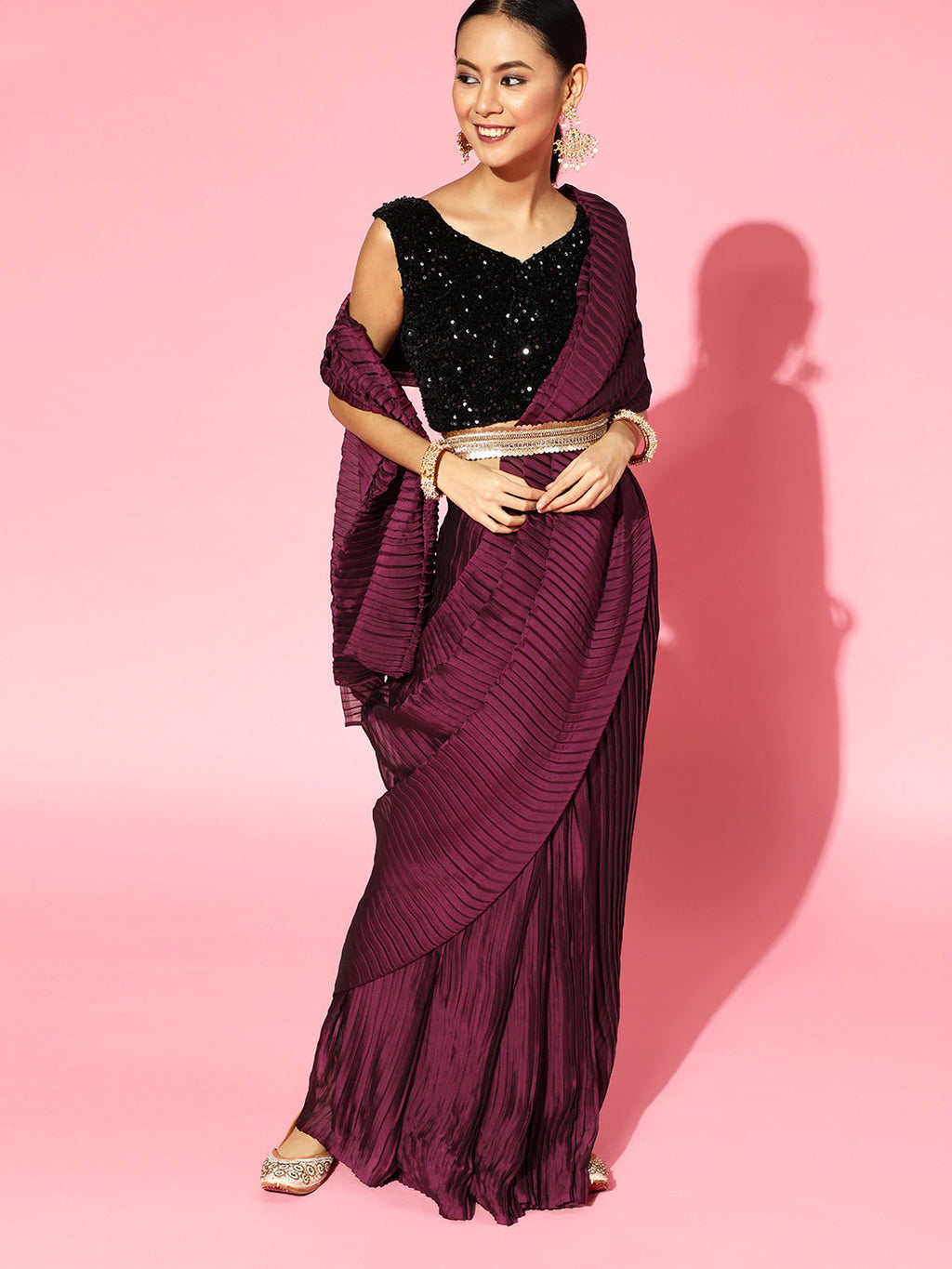 Saree Mall Burgundy Poly Georgette Party Wear Saree with Matching Blouse | Grocsy