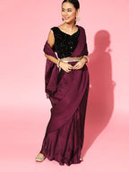 Saree Mall Burgundy Poly Georgette Party Wear Saree with Matching Blouse | Grocsy