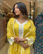 The52 Yellow Women's Gorgeous Embroidered Georgette Fabric Straight Kurta Pant with Dupatta Set | Grocsy