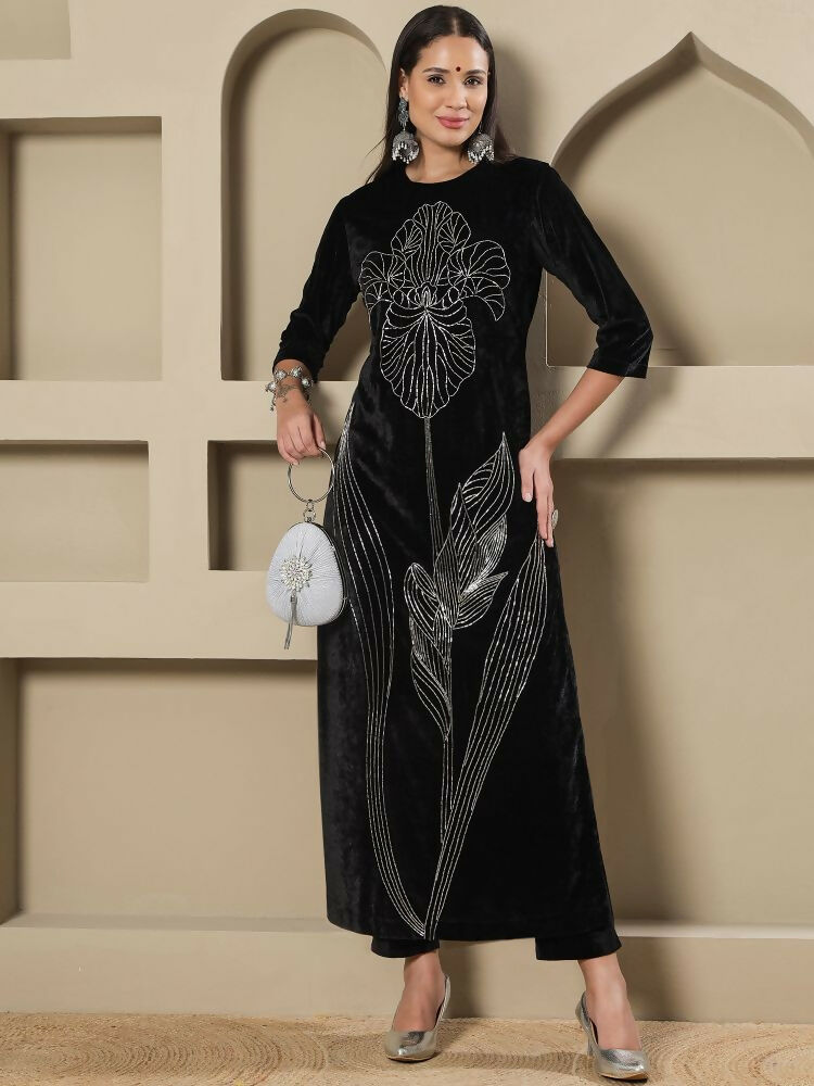 Joban Fashion Women Black Velvet Hand Embellishment Stitched Kurta Set | Grocsy