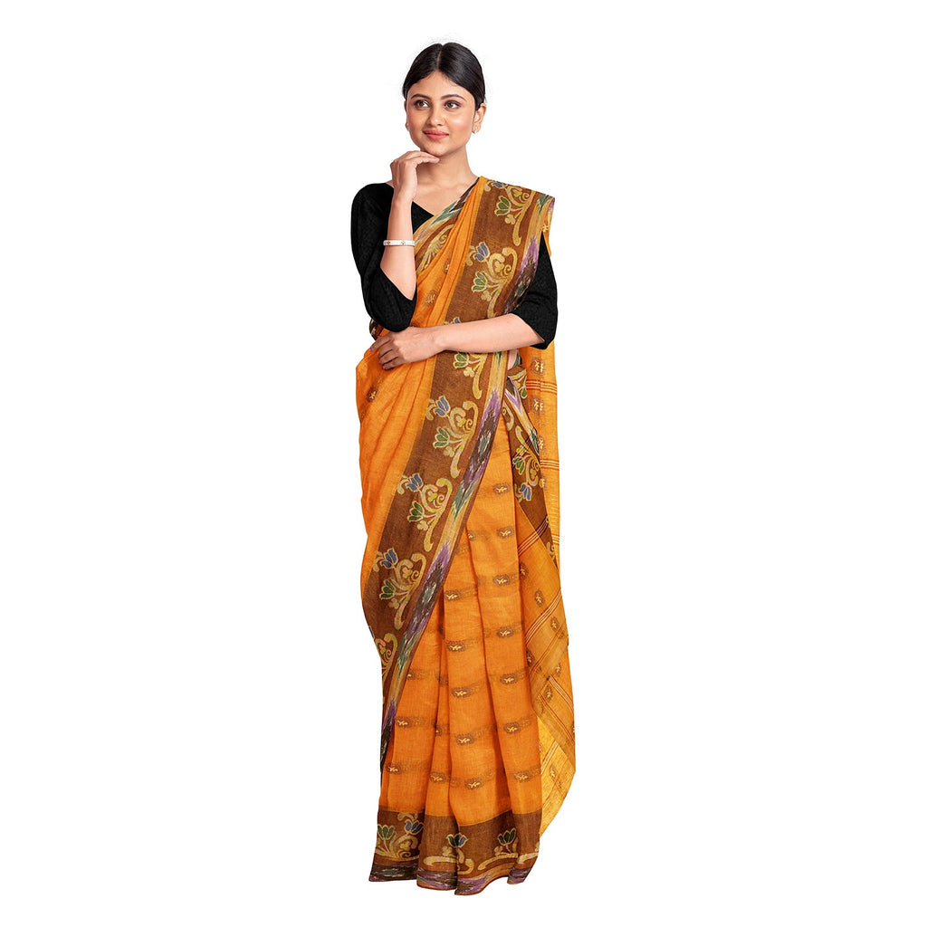 Exclusive Collection 100% Pure Cotton Orange Tant Saree With Hand Weaving Work | Grocsy