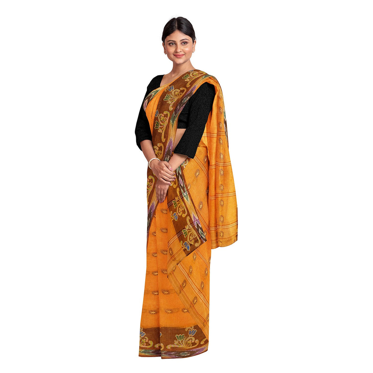 Exclusive Collection 100% Pure Cotton Orange Tant Saree With Hand Weaving Work | Grocsy