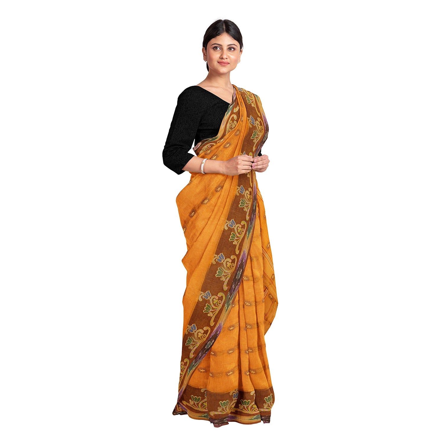 Exclusive Collection 100% Pure Cotton Orange Tant Saree With Hand Weaving Work | Grocsy