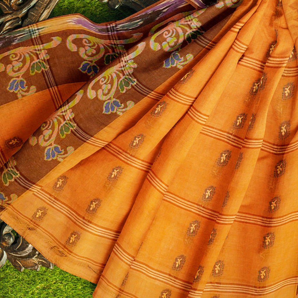 Exclusive Collection 100% Pure Cotton Orange Tant Saree With Hand Weaving Work | Grocsy