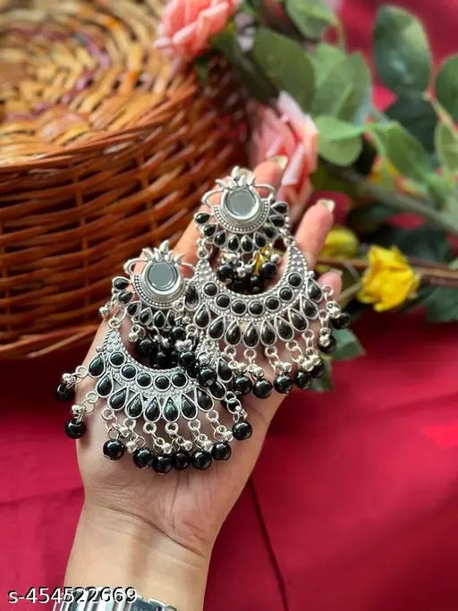 Tehzeeb Creations Women's Oxidised Earrings With Mirror And Black Pearl | Grocsy